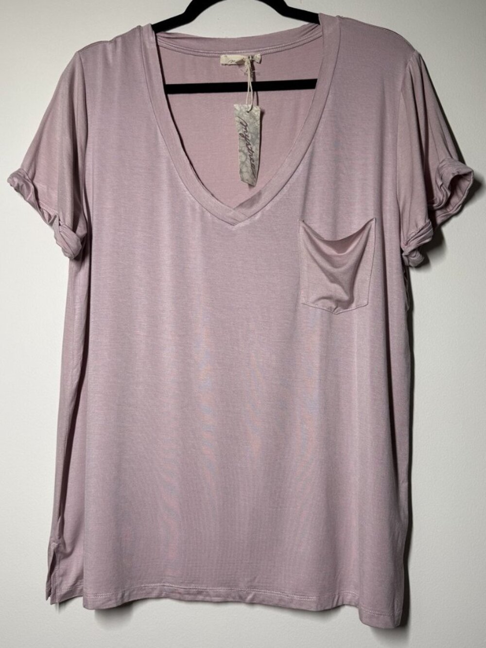 Mystree Dusty Mauve/Rose V Neck Pocket Tee Short Sleeve Relaxed Top L NWT